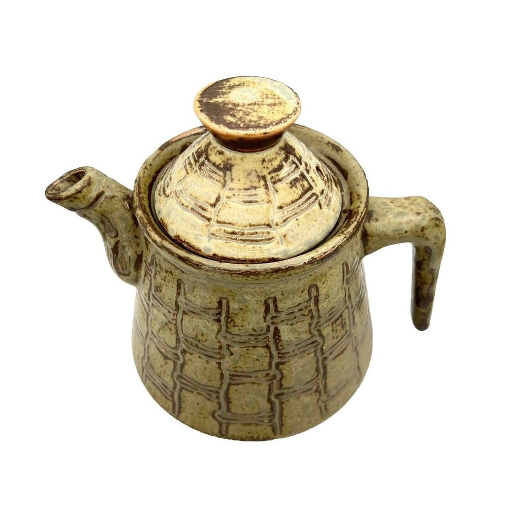 Art Studio Pottery Teapot Earthy Green And Brown Glaze Unique Handle Stoneware - Picture 4 of 7